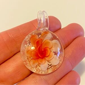 Handmade Art Glass Flower Pendant Vintage Lampwork Floral Boho Statement Jewelry